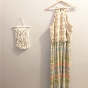 Boho crochet top maxi dress with pops of neon